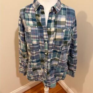 Women’s Blue and Green Madras Plaid Patchwork Shirt